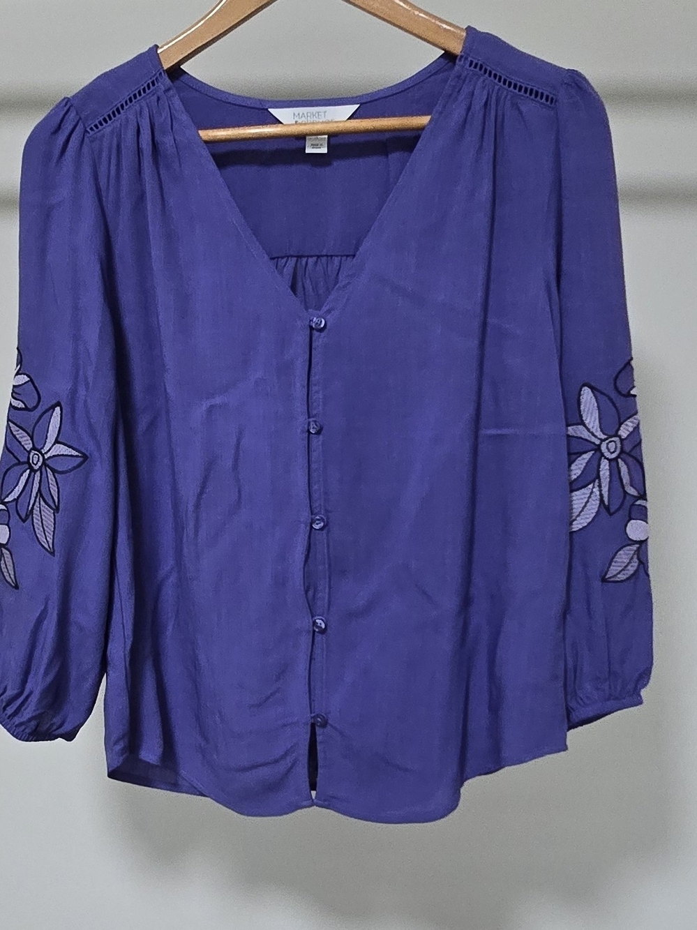 Market & Spruce Violet Embroidered Sleeve Button-Front Blouse
